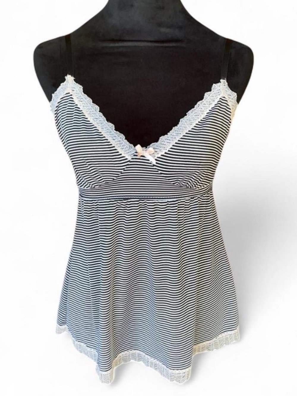 Coquette Babydoll Camisole in Black & White Micro Stripes with Pink Lace and Bow